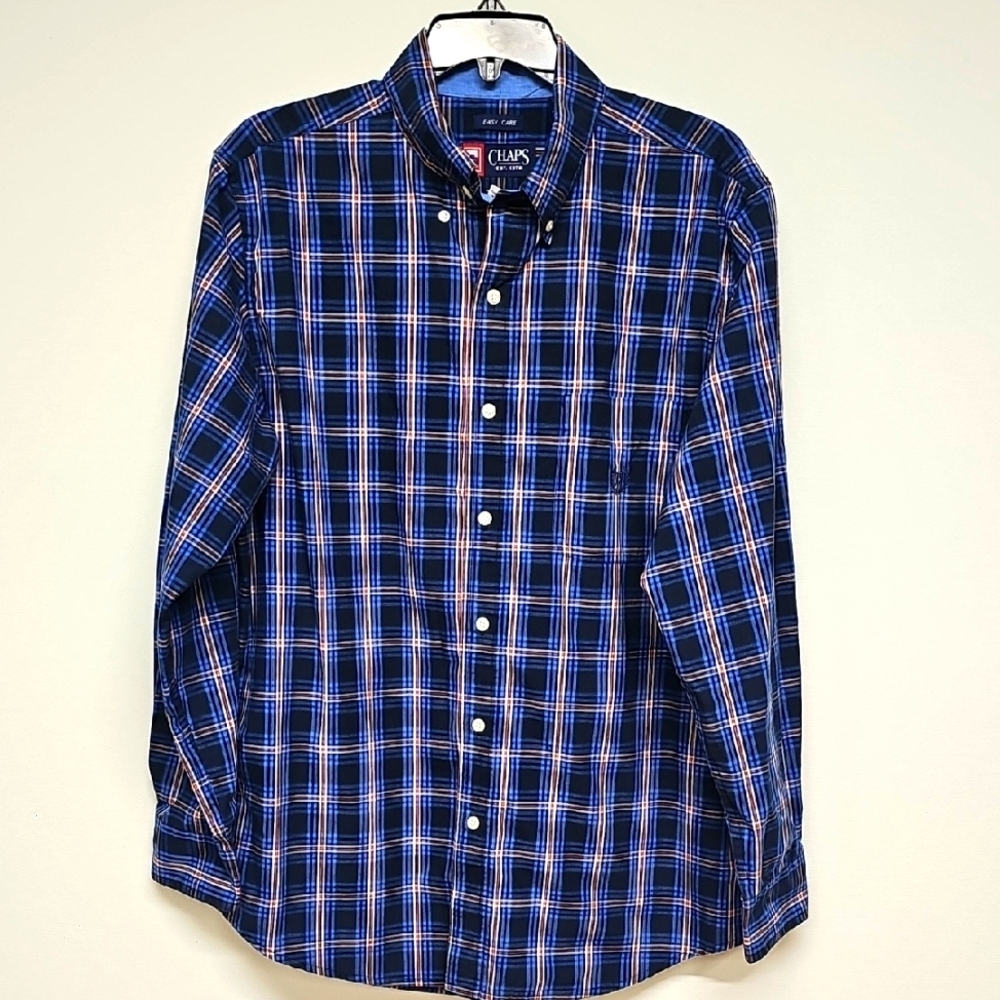 Chaps Easy Care Plaid Button Down Long Sleeve Shirt, Blue Red, Size Medium